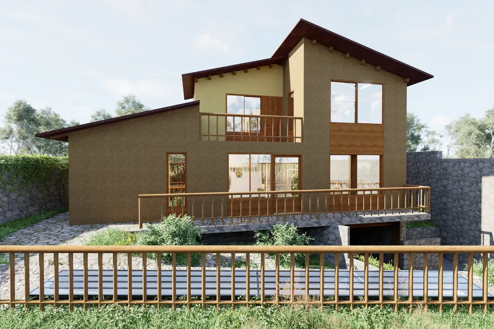 Casa Tambillo, fachada posterior con terraza y barandal de madera