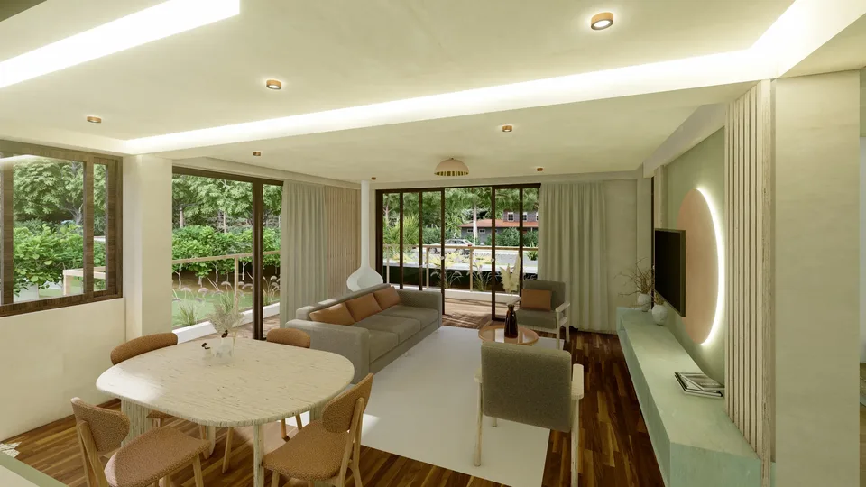 Departamento Molle, sala y comedor abiertos al jardín