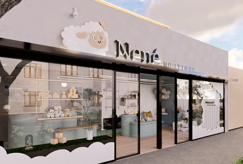 Nené Boutique, fachada de la tienda con el letrero